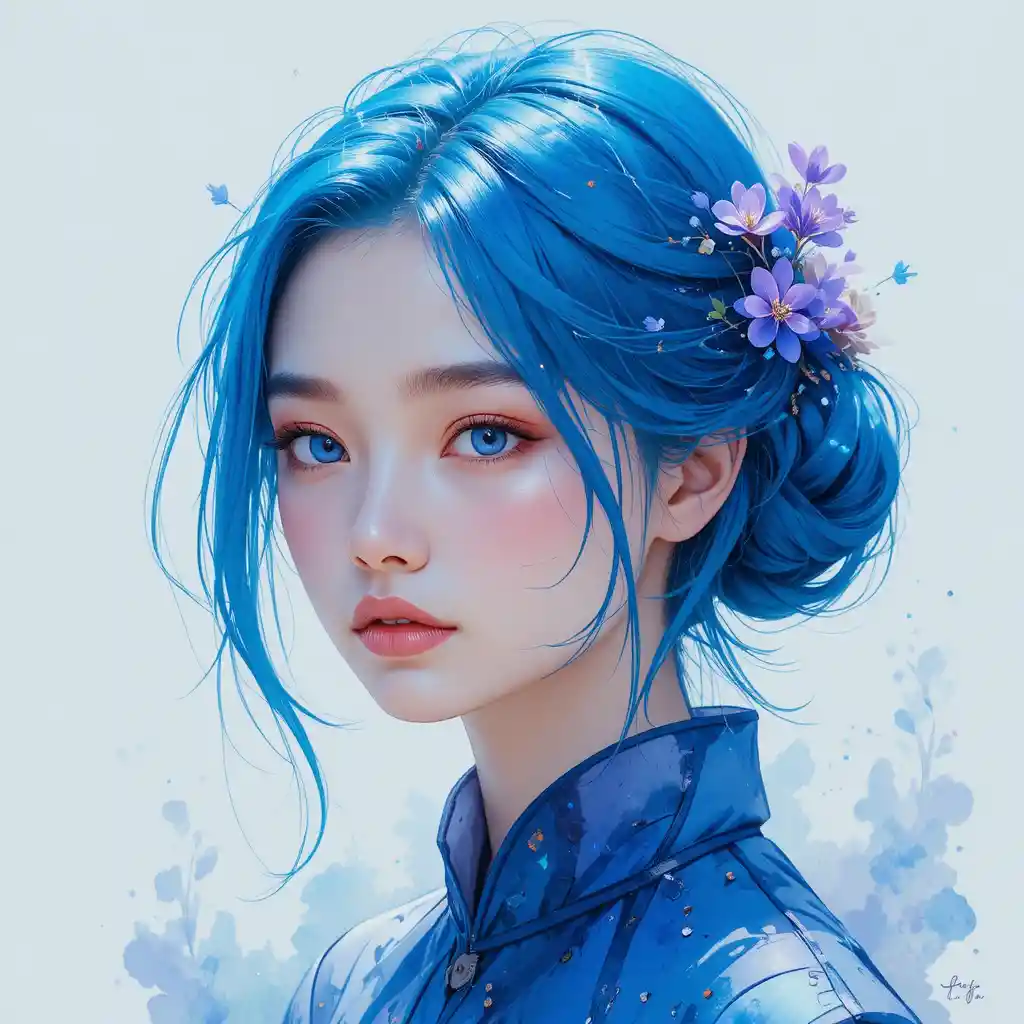 Blue haired girl portrait in dreamy watercolor style
