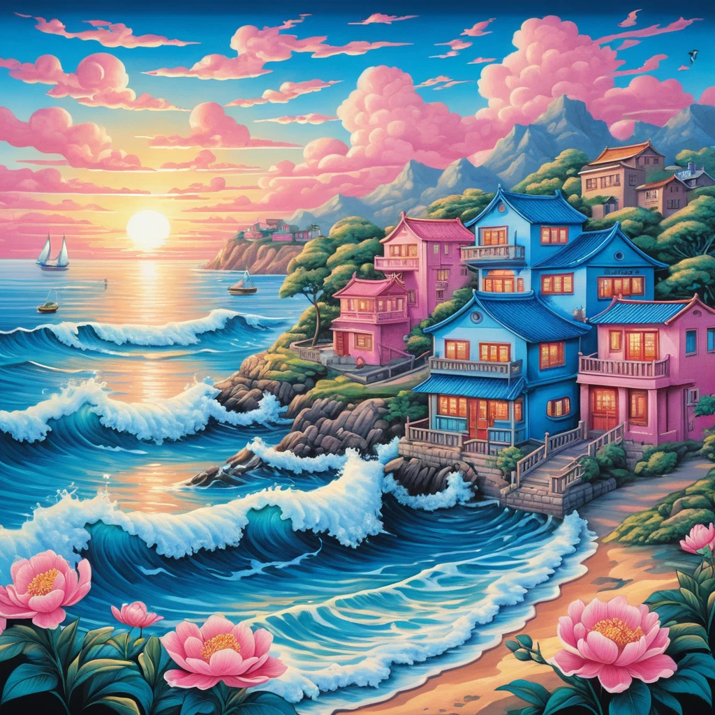 Colorida ciudad costera al amanecer en estilo de ilustración pastel