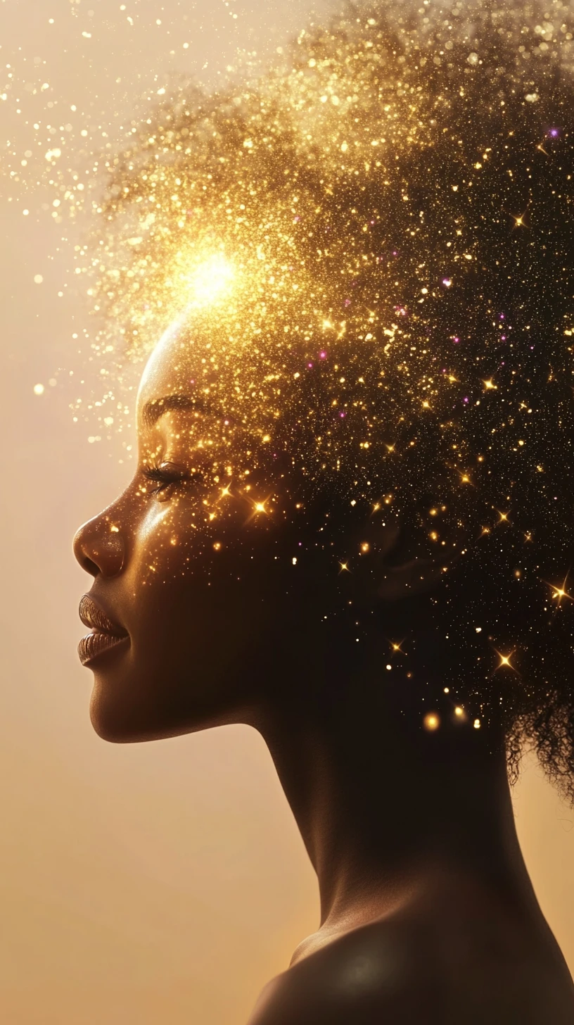 Perfil de mujer afrofuturista lleno de un universo interior luminoso