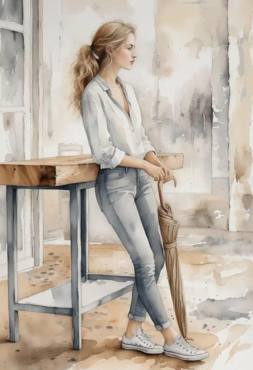 Watercolor of woman leaning on high table in rustic room