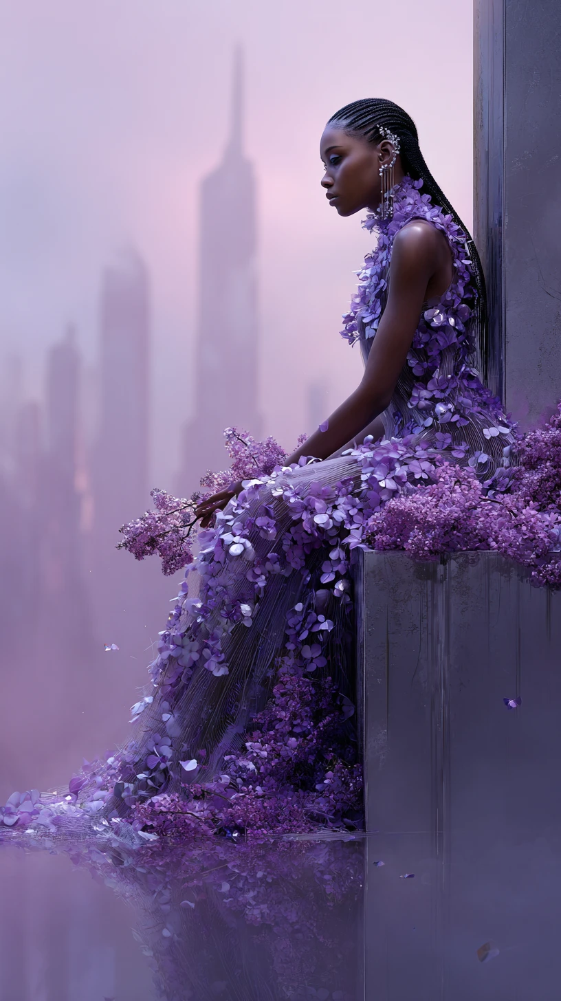 Afrofuturistic woman in lilac flower gown on rainy rooftop