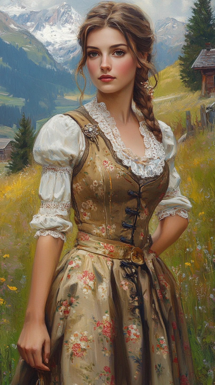 Hermosa mujer con un dirndl a cuadros en un prado de montaña
