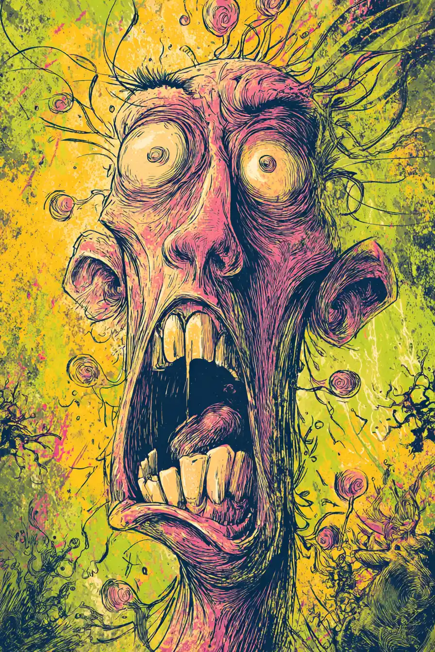 Cabeza Surrealista Distorcionada con Caos Cómico Explosivo