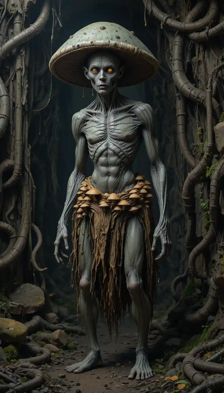 Criatura fúngica humanoide em uma caverna escura na selva