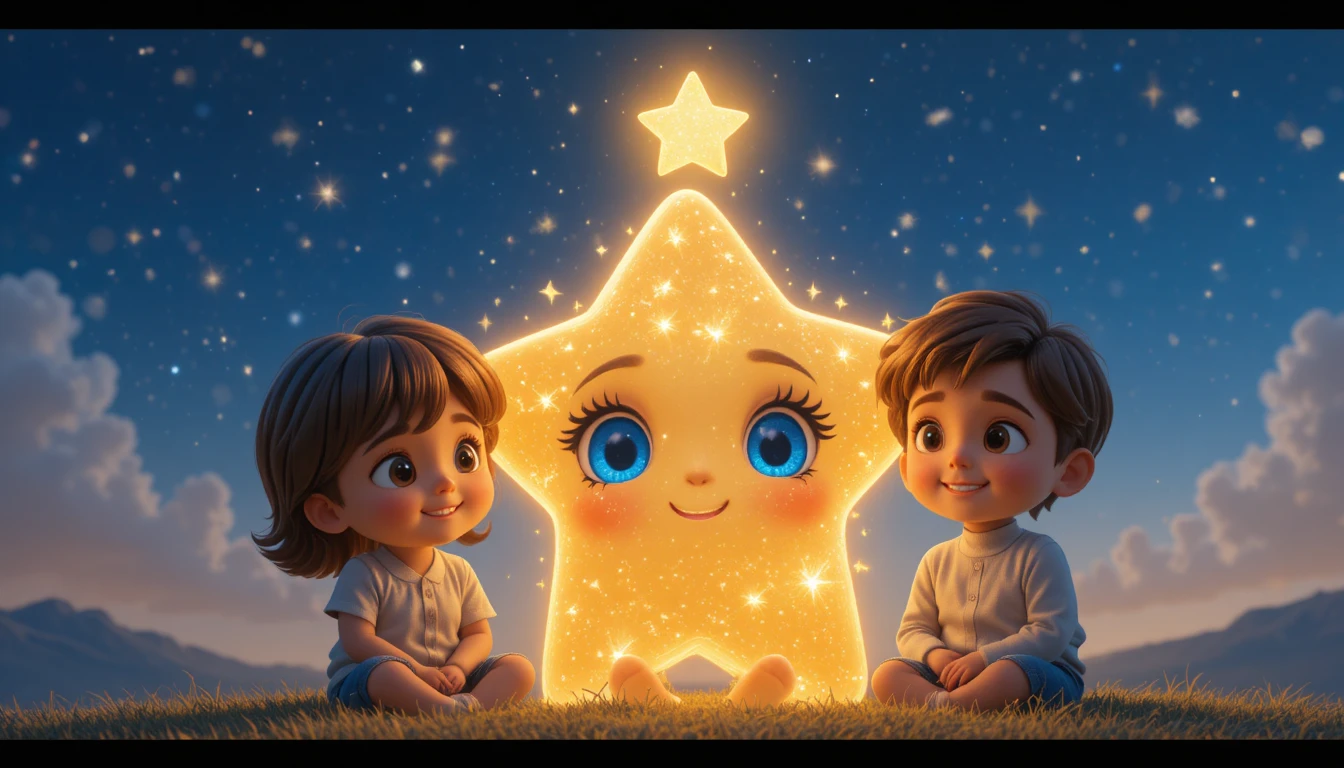 Cute glowing baby star with big sparkling blue eyes