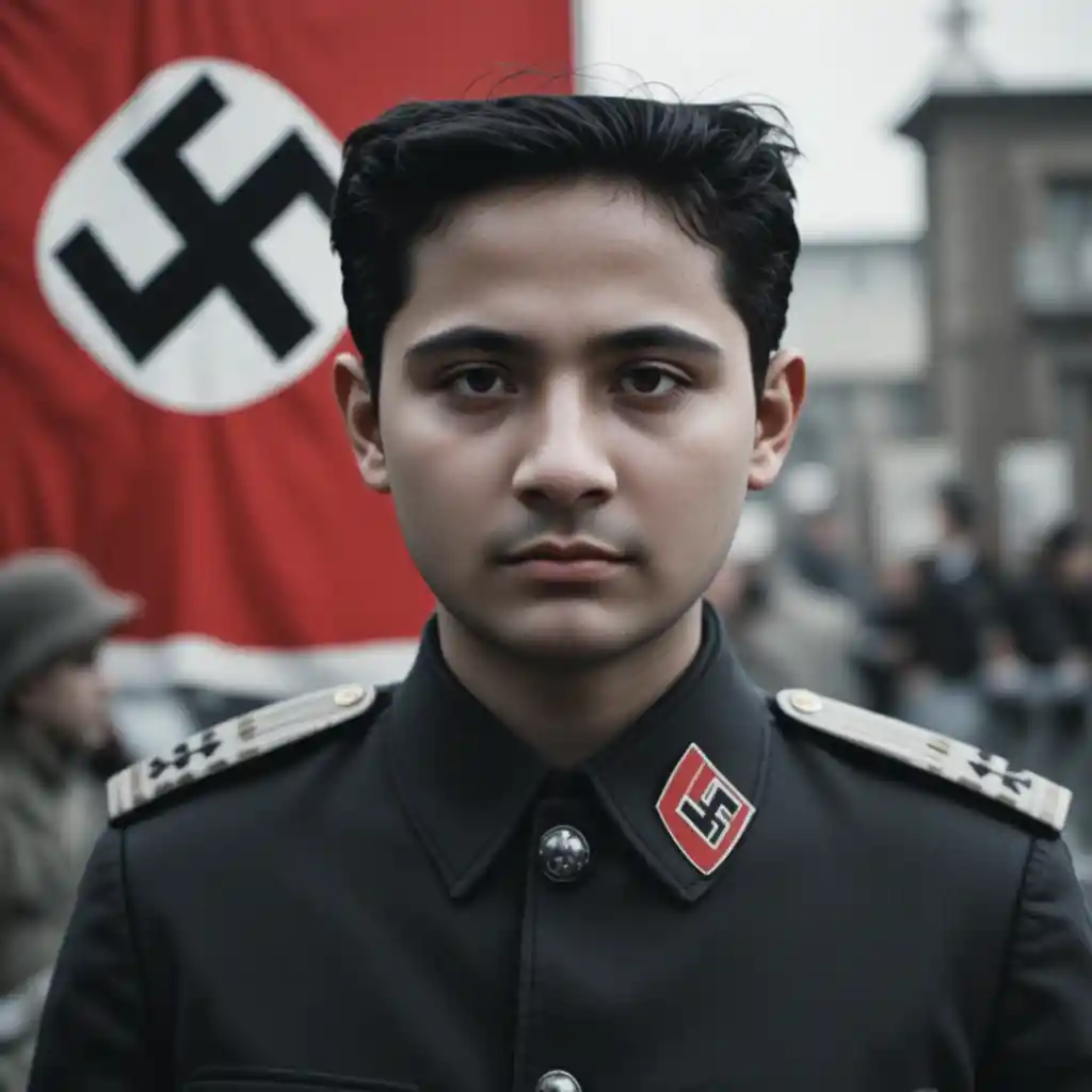 Capitão militar em pé diante de um distinto desenho de bandeira