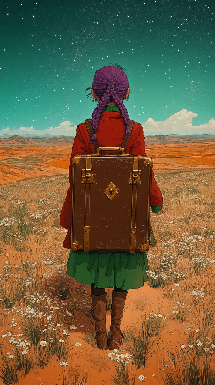 Young girl with suitcase in a glowing desert field