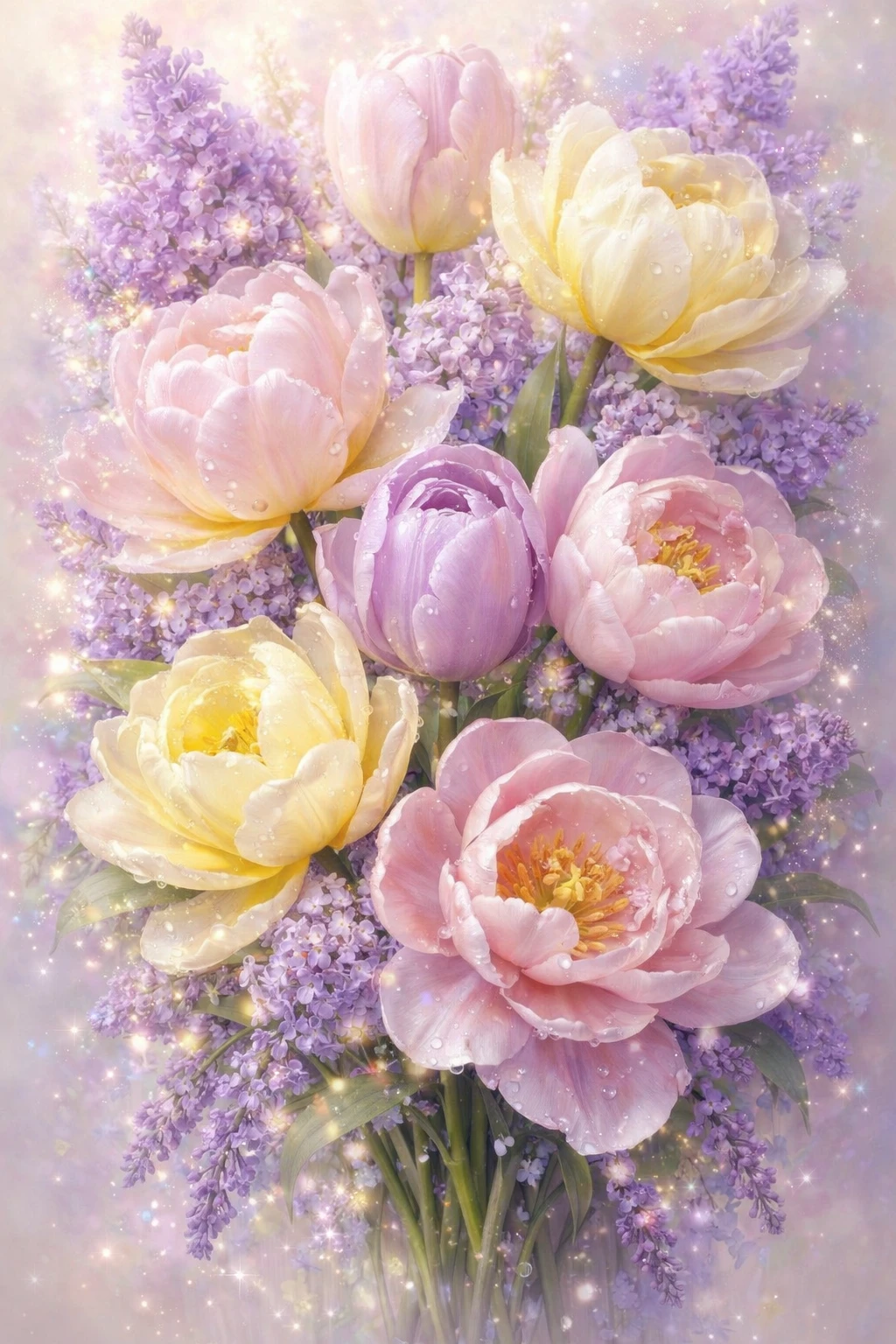 Delicato bouquet di tulipani pastello in luminosa arte floreale 3D