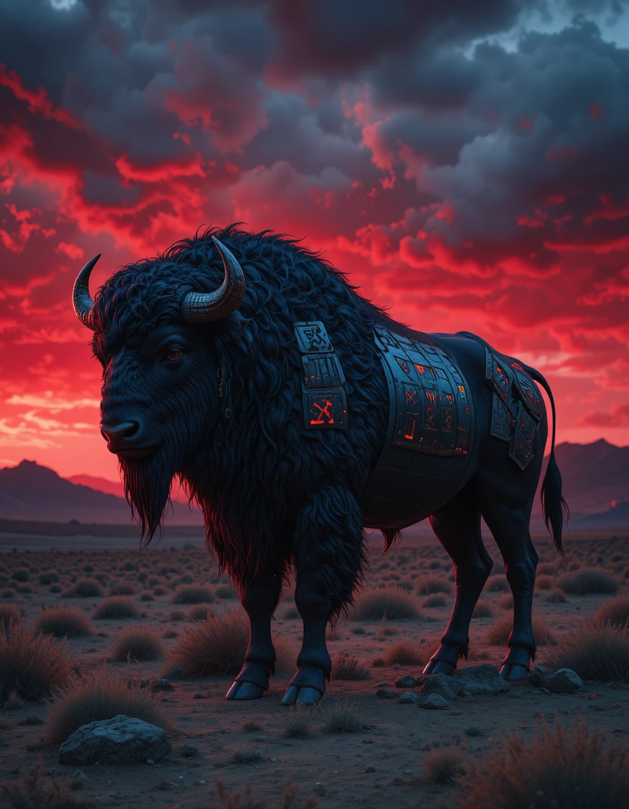 Maestoso bisonte nero sotto un cielo tempestoso rosso sangue