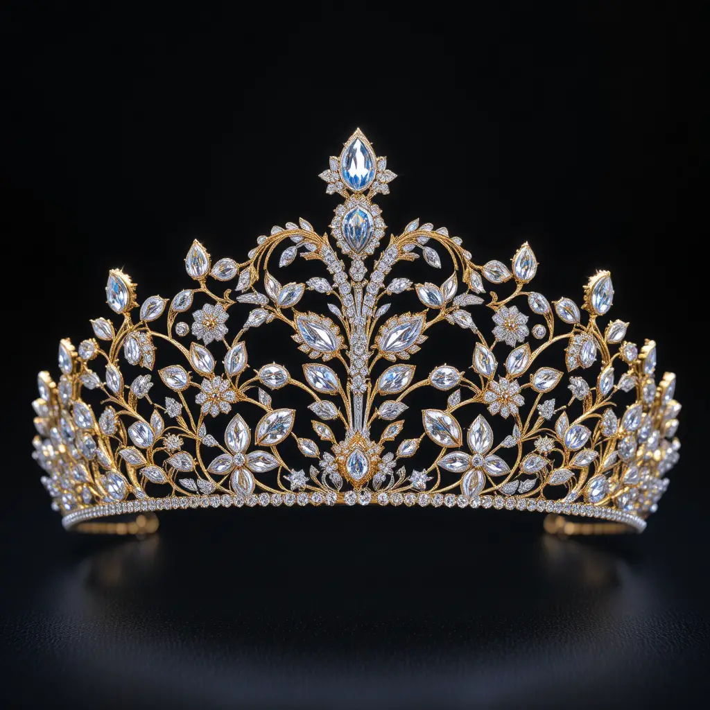Tiara floral dourada com cristais cintilantes em fundo preto
