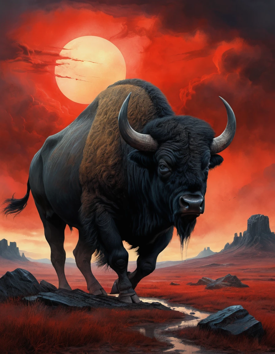 Sagoma di bisonte nero sotto un cielo tempestoso rosso sangue