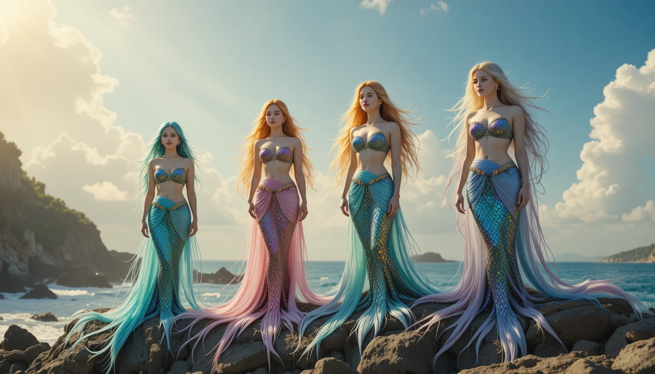 Cuatro sirenas coloridas de pie juntas en una soleada costa rocosa