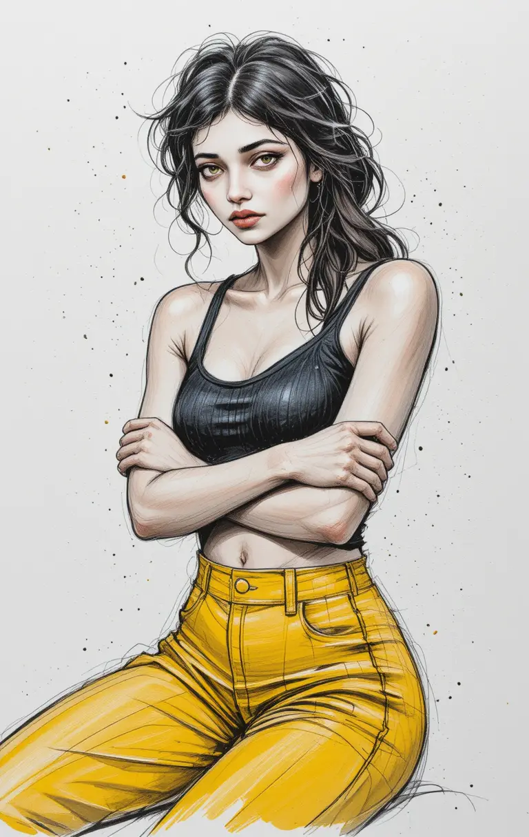 Confident young woman portrait in mixed media drawing