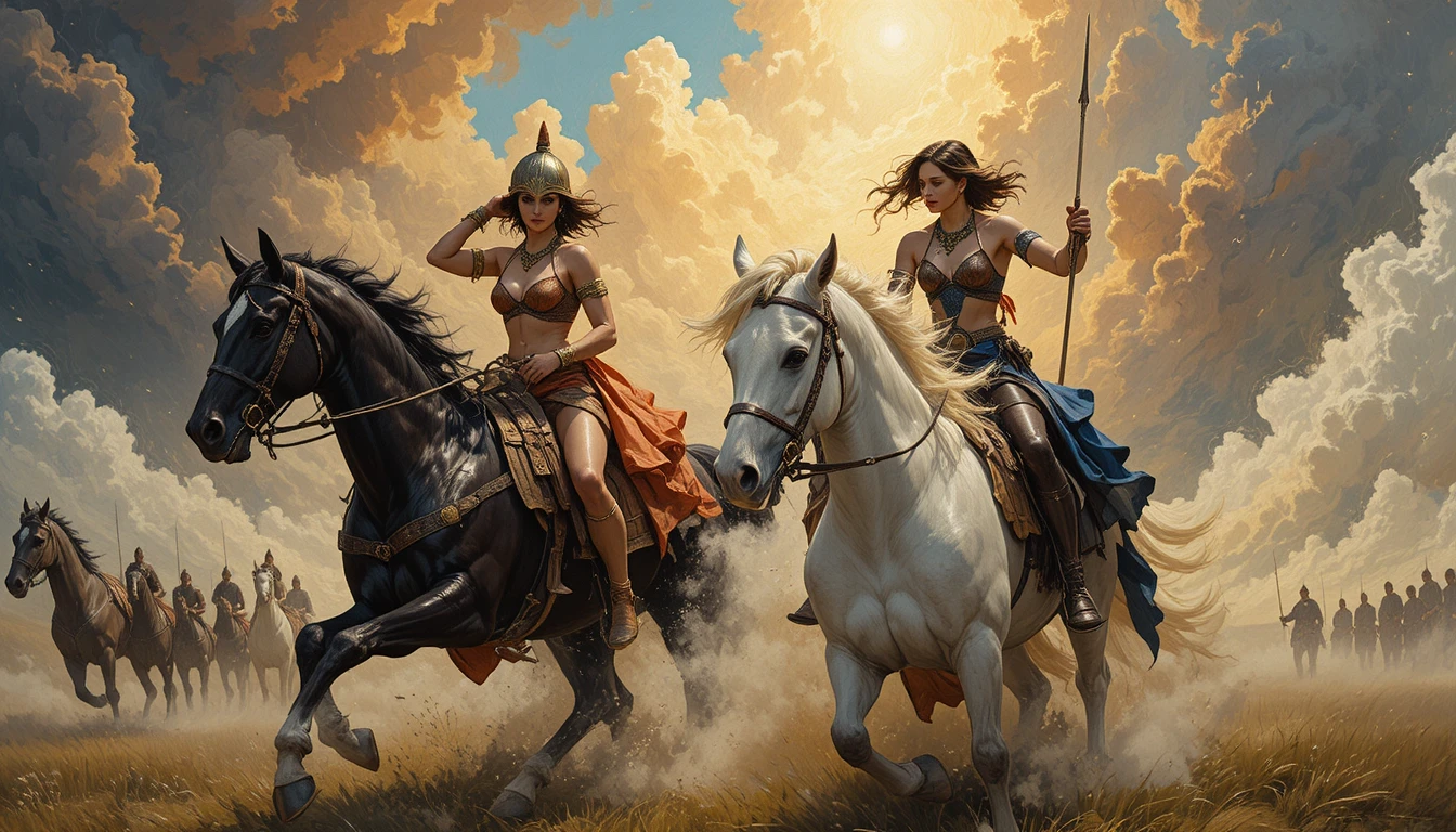 Barbarian warrior women charging on smoking warhorses
