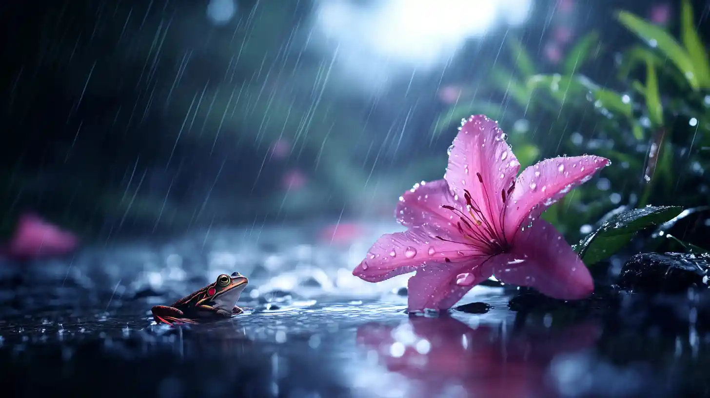 Mystic Flower Beside A Creek In Dreamy Rainy Landscape