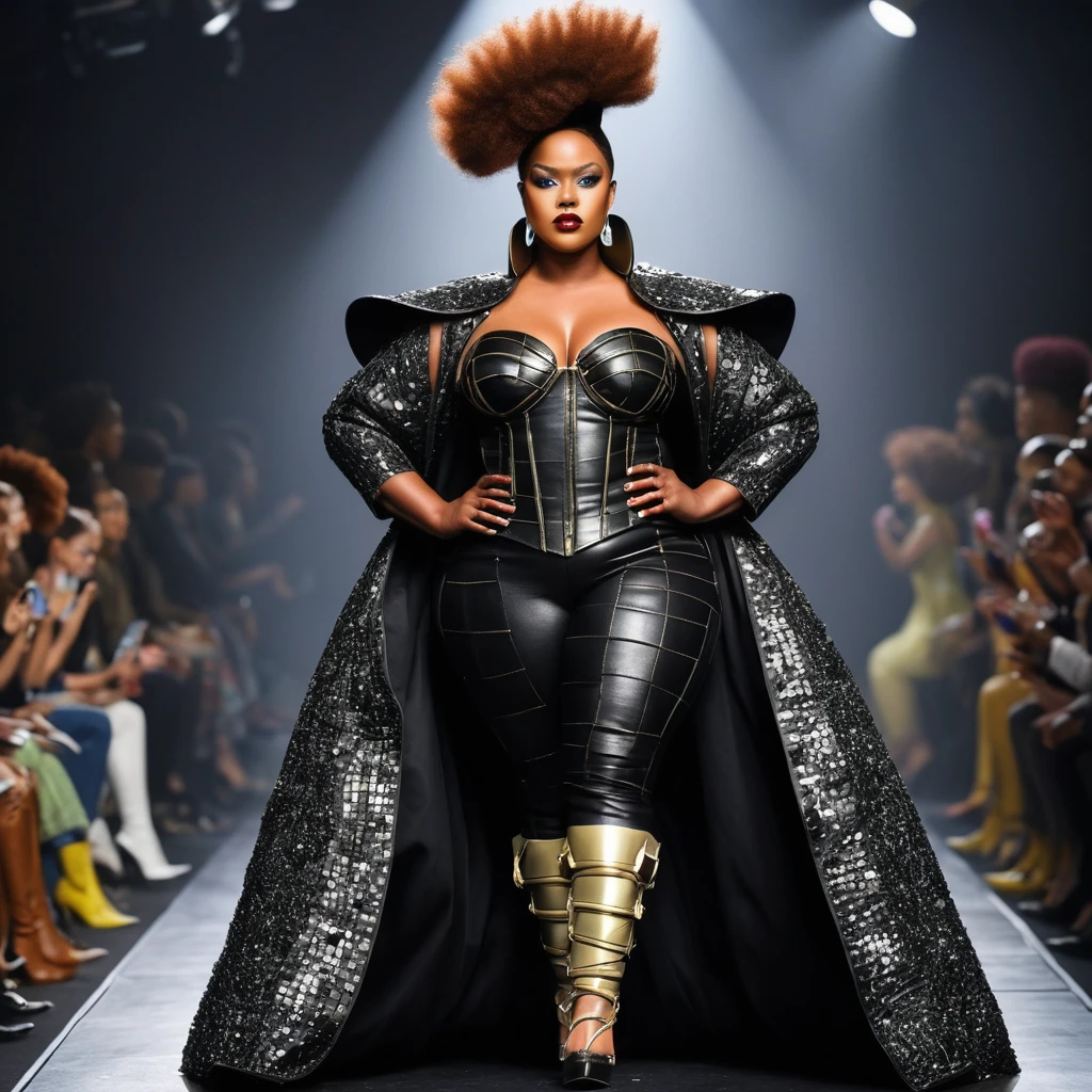 Silhouette couture afrofuturiste sur mannequin noire aux courbes généreuses