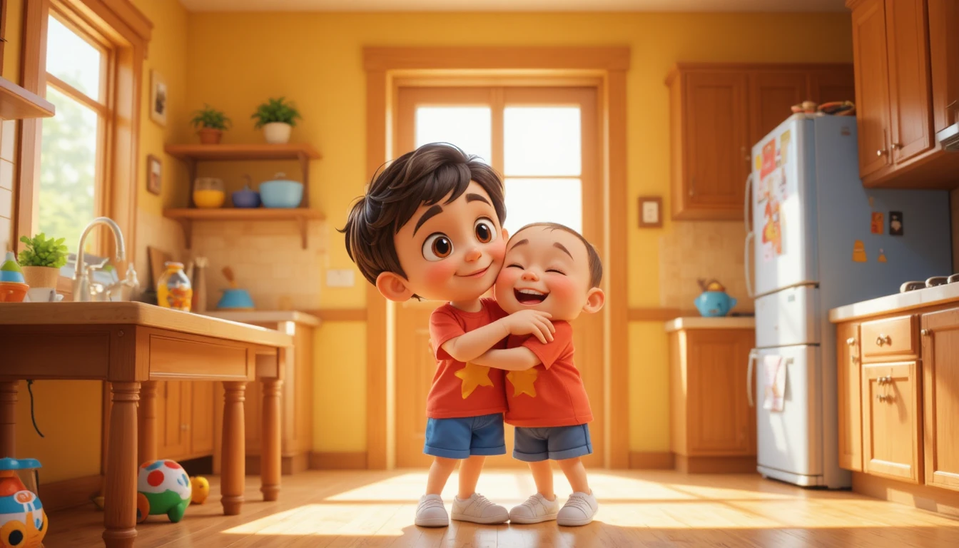 Little boy hugging his father in a sunny kitchen doorway
