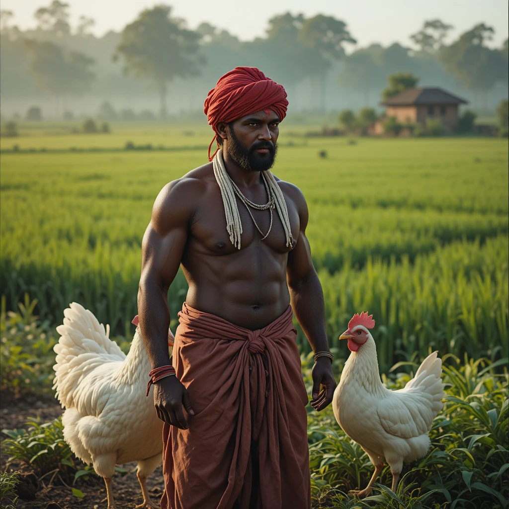 Indian farmer with white hen on village farm at sunrise
