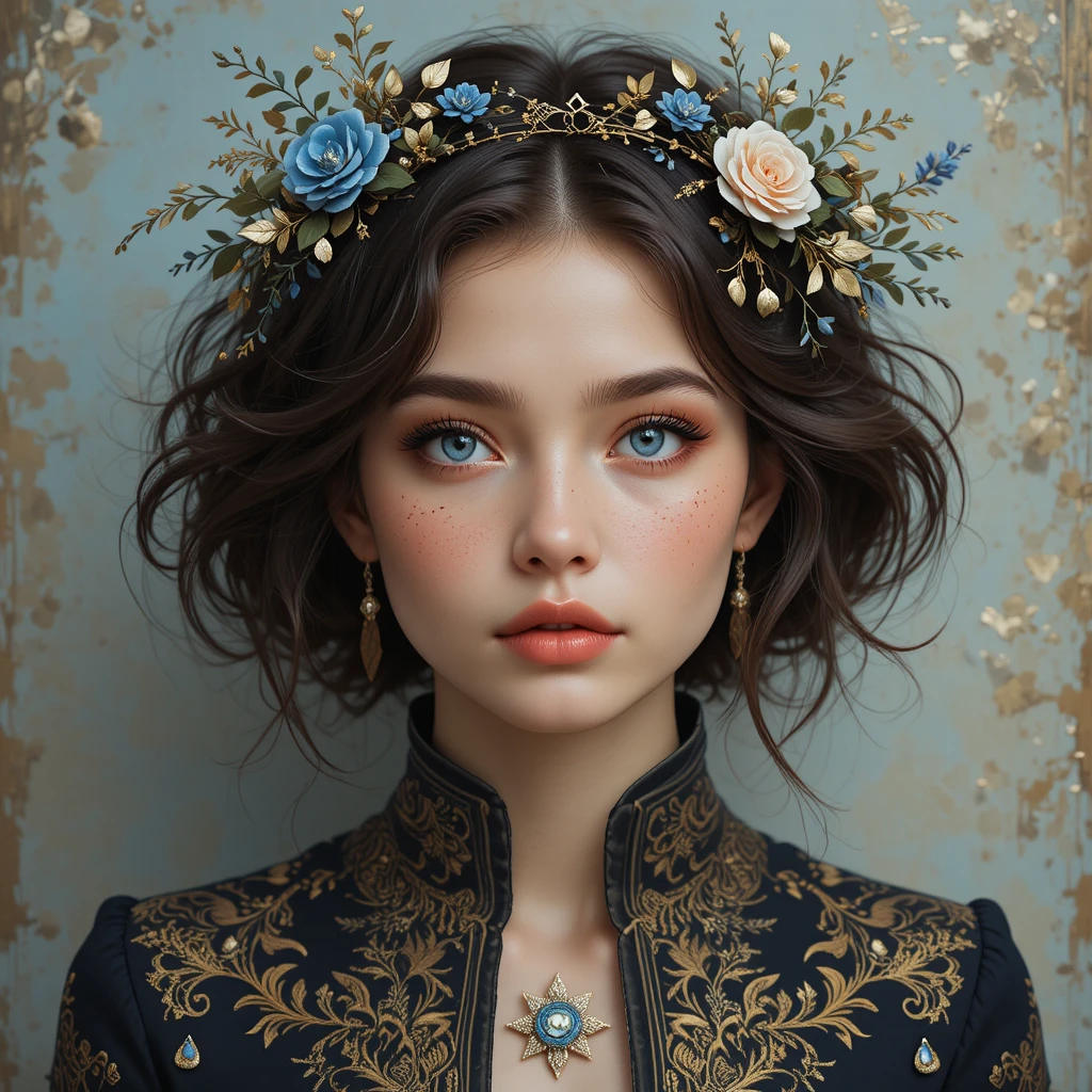 藍眼與花冠年輕女子的人像