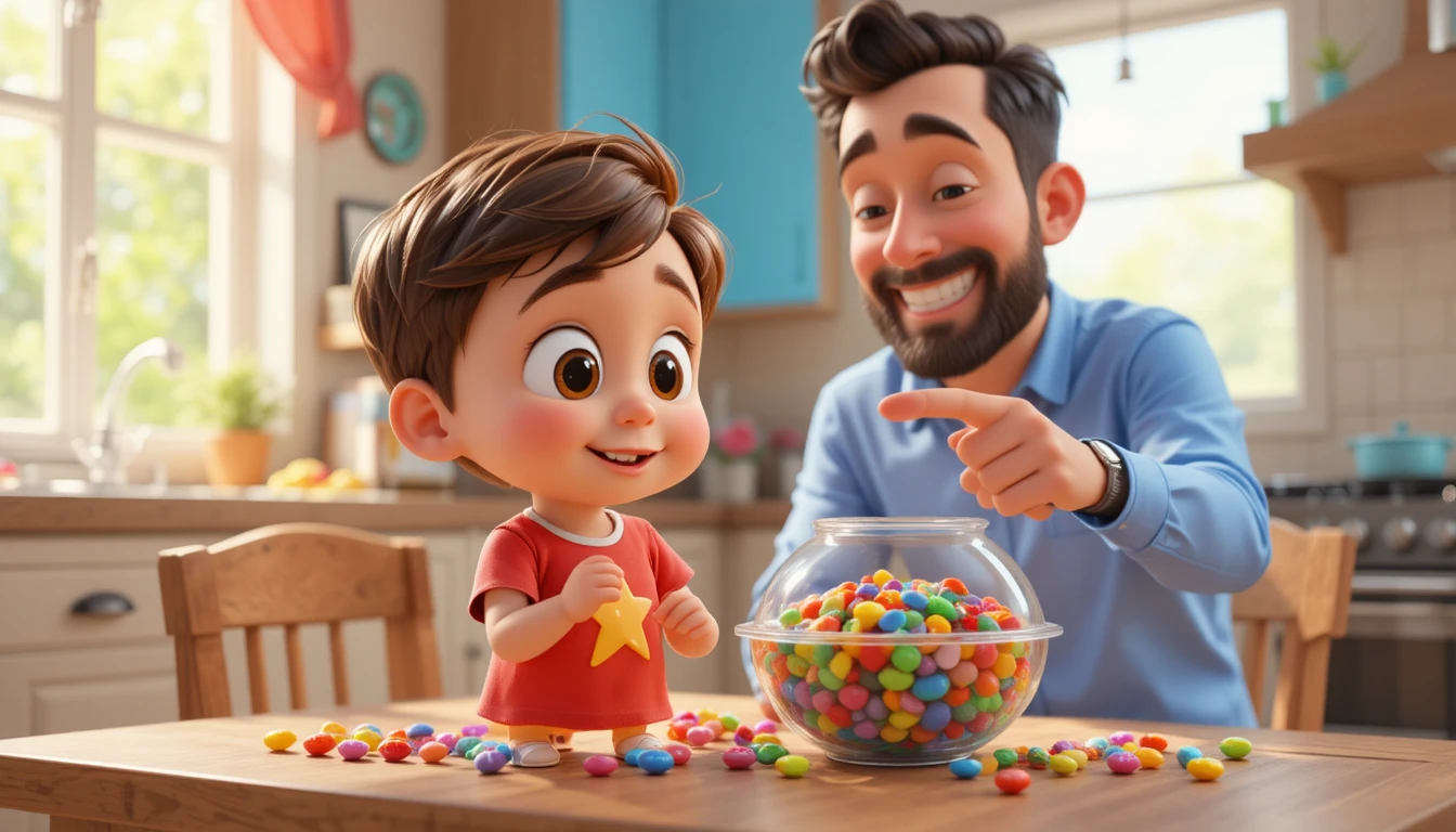 Niño pequeño escondiendo dulces mientras su padre se ríe y lo molesta
