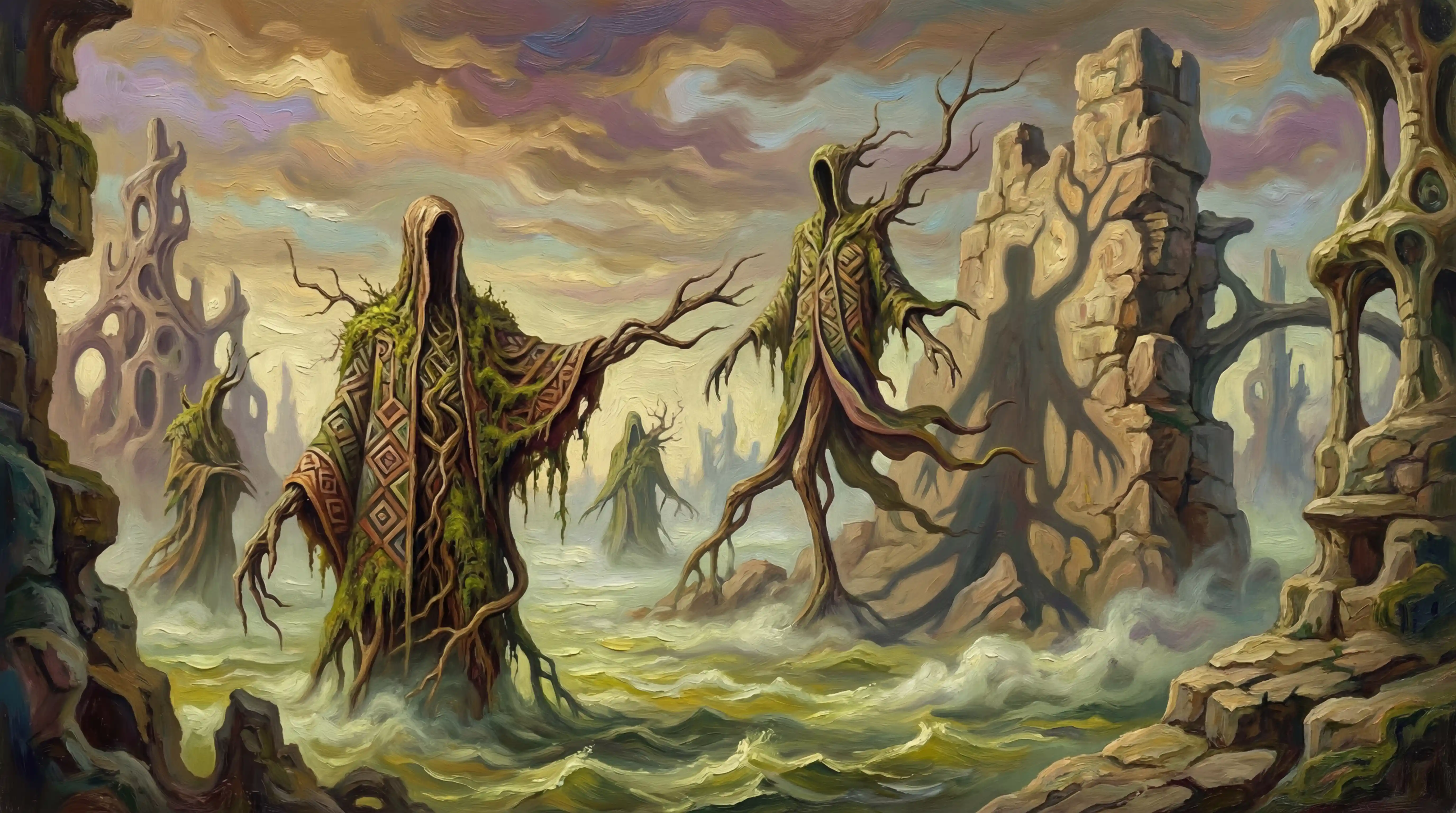 Surreal humanoid beings rising from primordial green ooze