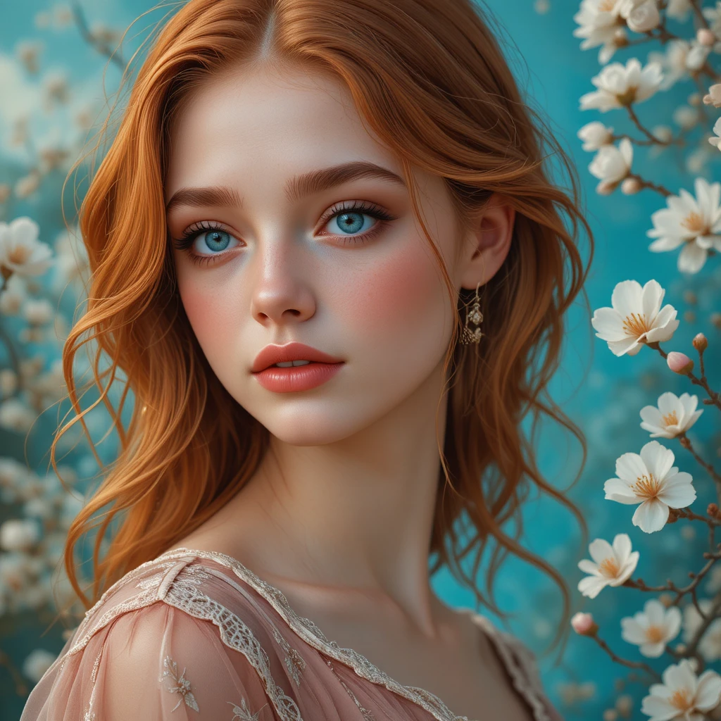 Young woman in rose dress before teal sky and blossoms