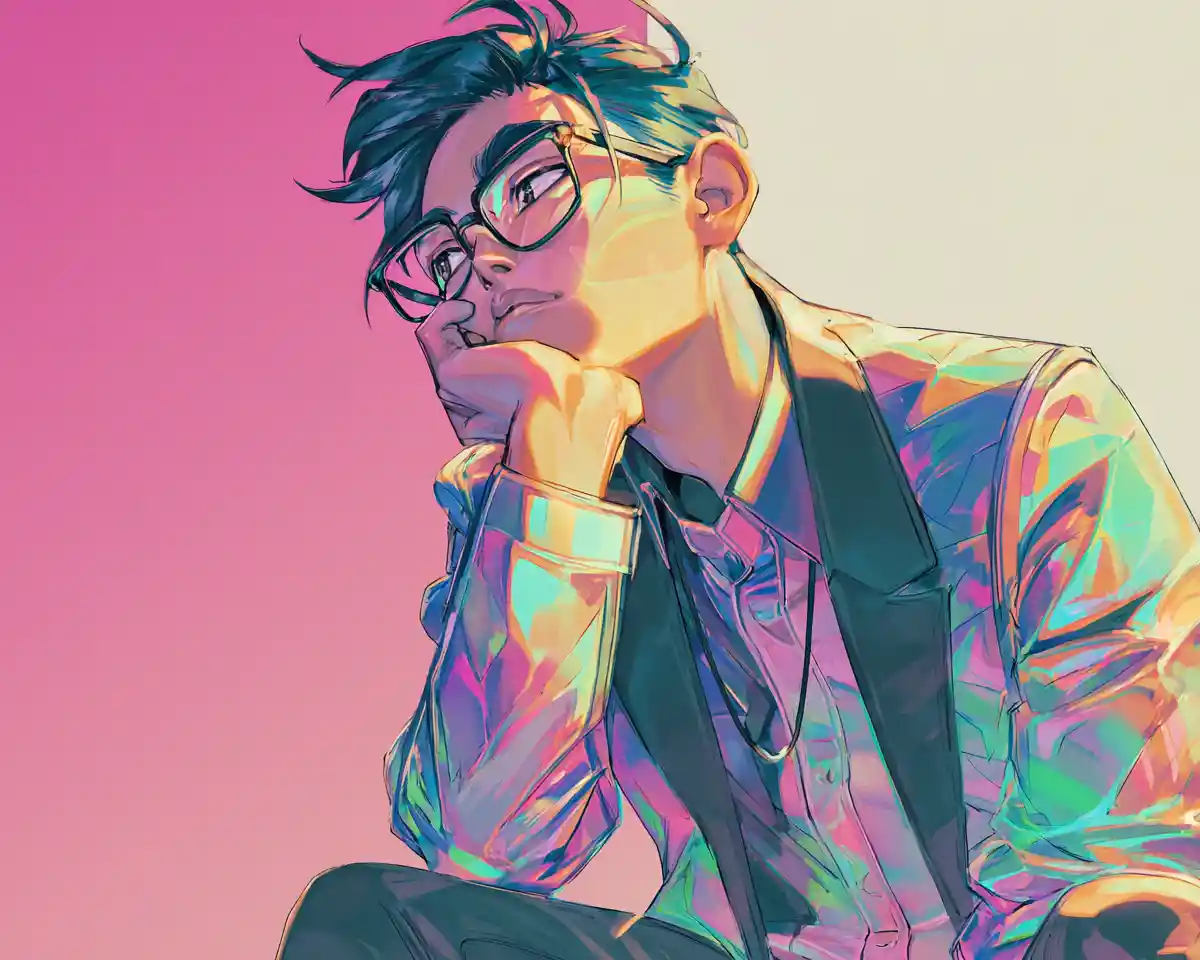 Homem de anime contemplativo sentado de perfil em um banco
