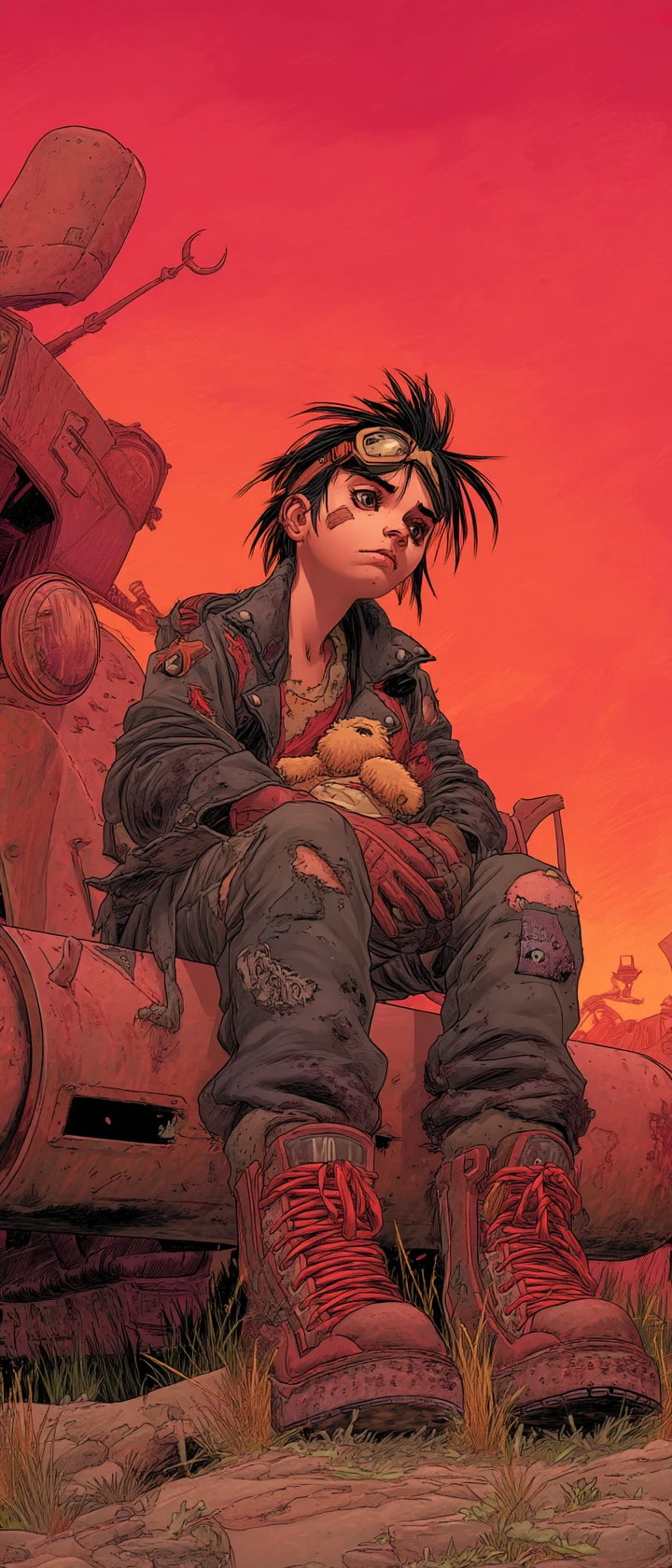 Battle scarred outlaw mother guarding a wounded mutant child