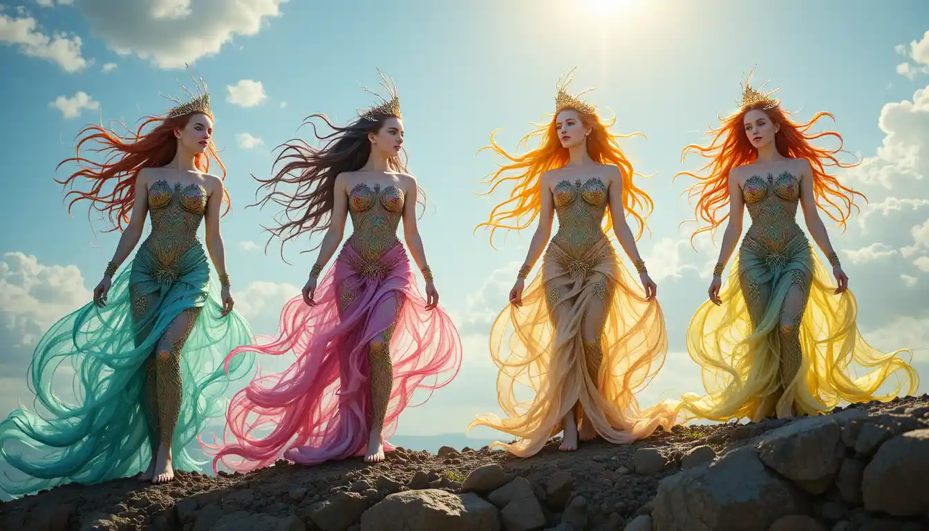 Cuatro sirenas coloridas de pie en una costa rocosa bañada por el sol