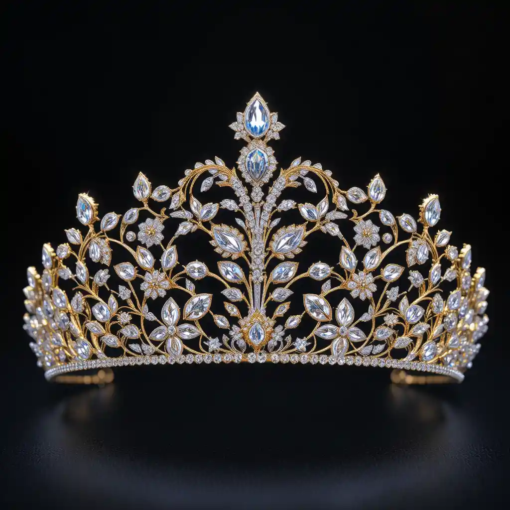 Tiara floreale dorata con cristalli scintillanti su sfondo nero