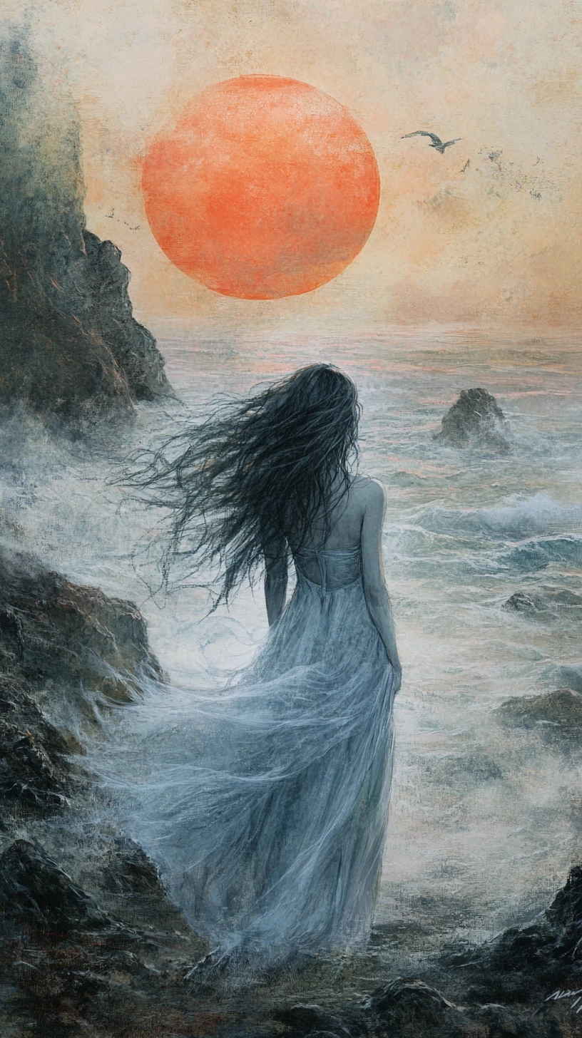 Woman In Sheer Gown On Windy Shore At Red Sunset