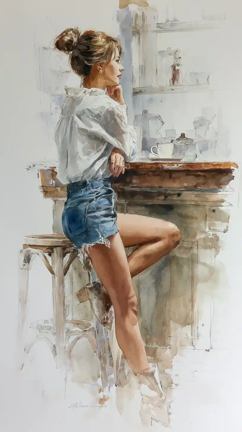 Watercolor of woman leaning on high table in rustic interior