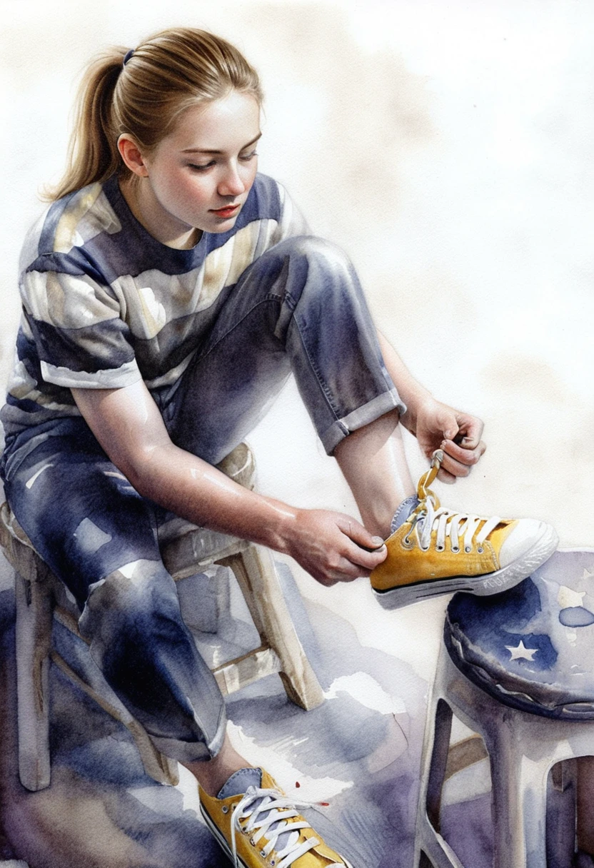 Aquarell eines Teenager-Mädchens, das gelbe Sneaker auf dem Boden schnürt