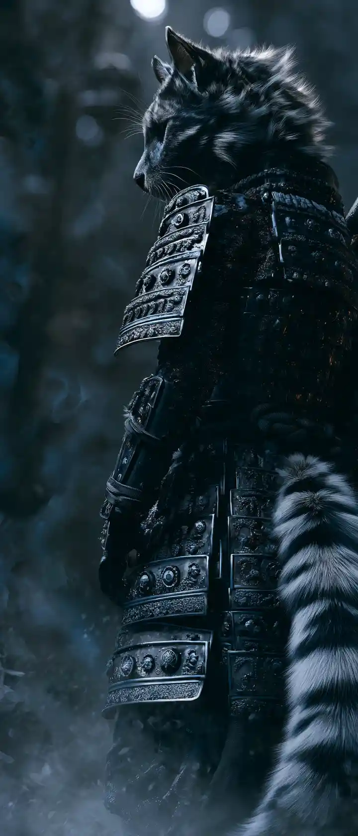 Gatto samurai antropomorfo in una metropoli invernale in rovina