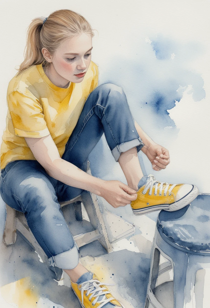 Teenager-Mädchen schnürt gelbe Sneaker in Aquarellillustration