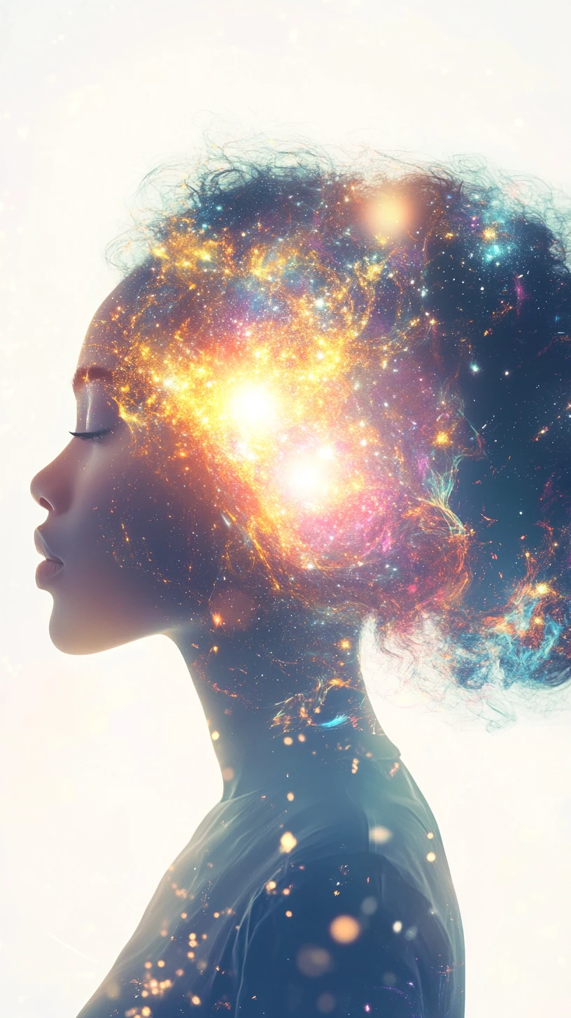 Profilo di donna afrofuturista con luminoso universo cosmico interiore