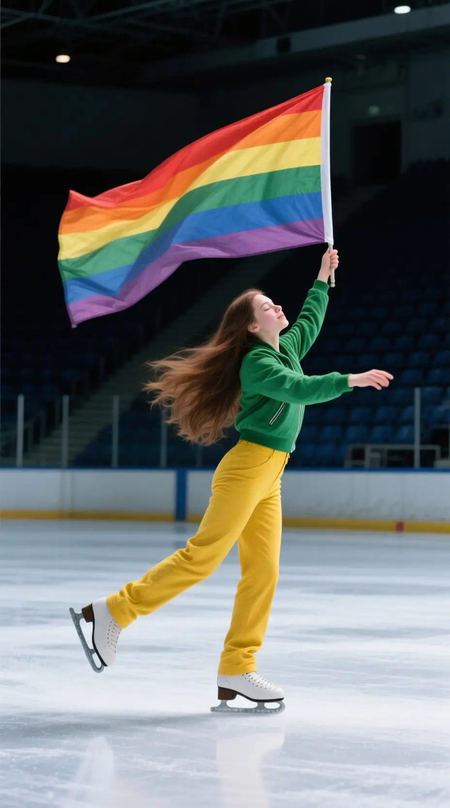 Ragazza che pattina da sola sul ghiaccio fresco con bandiera arcobaleno