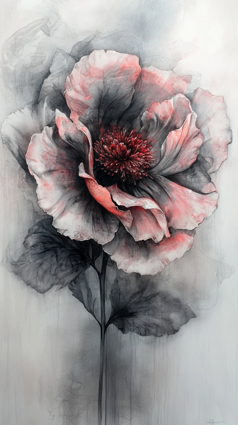 Fiore di peonia astratto con grandi petali riflettenti ad inchiostro