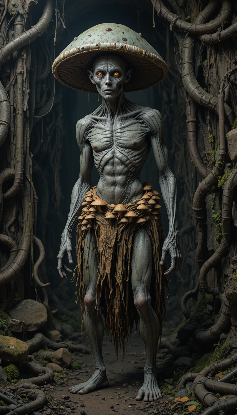 Criatura fúngica humanoide en una oscura caverna de jungla