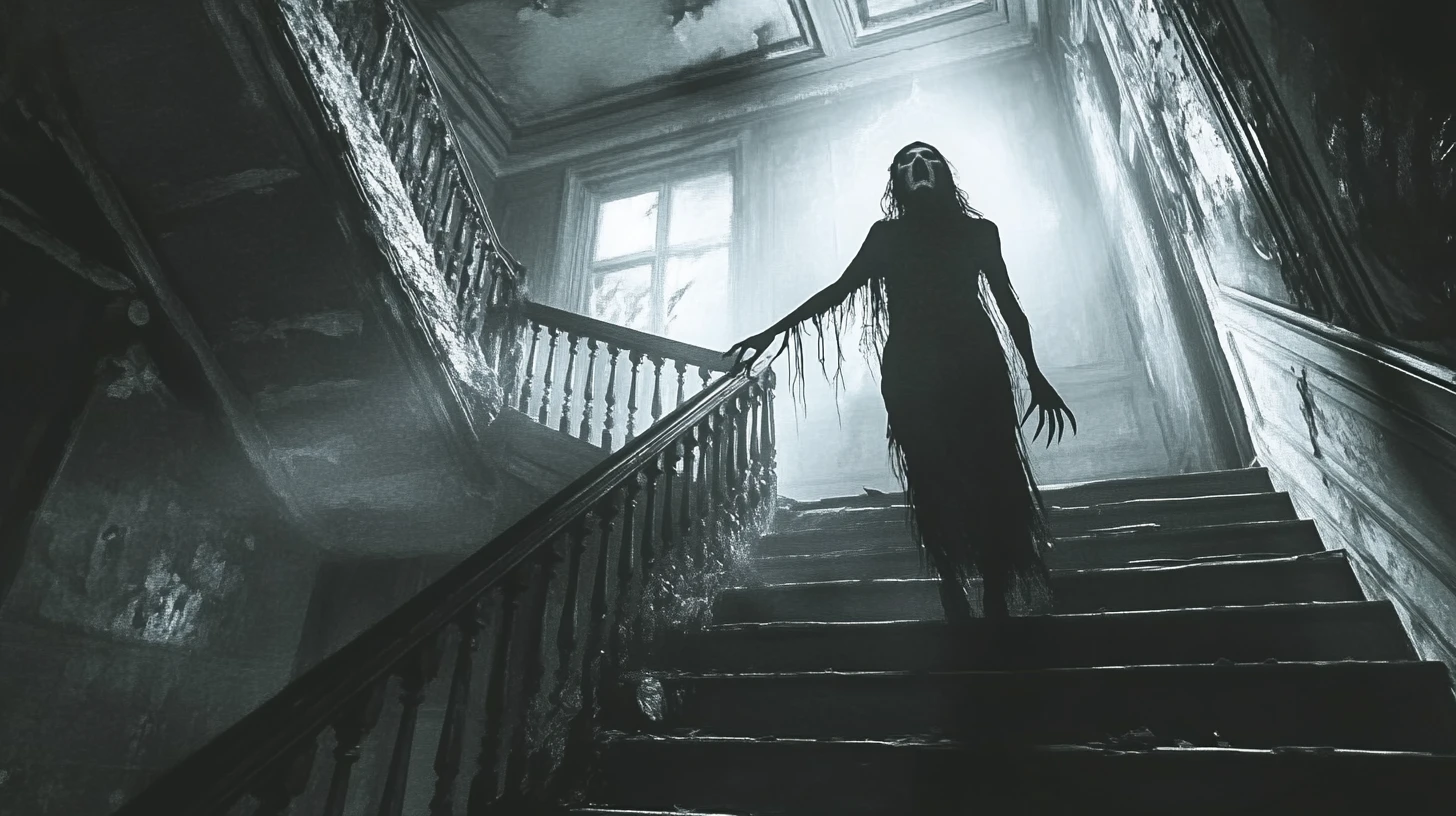Lone explorer faces ghostly woman on mansion staircase