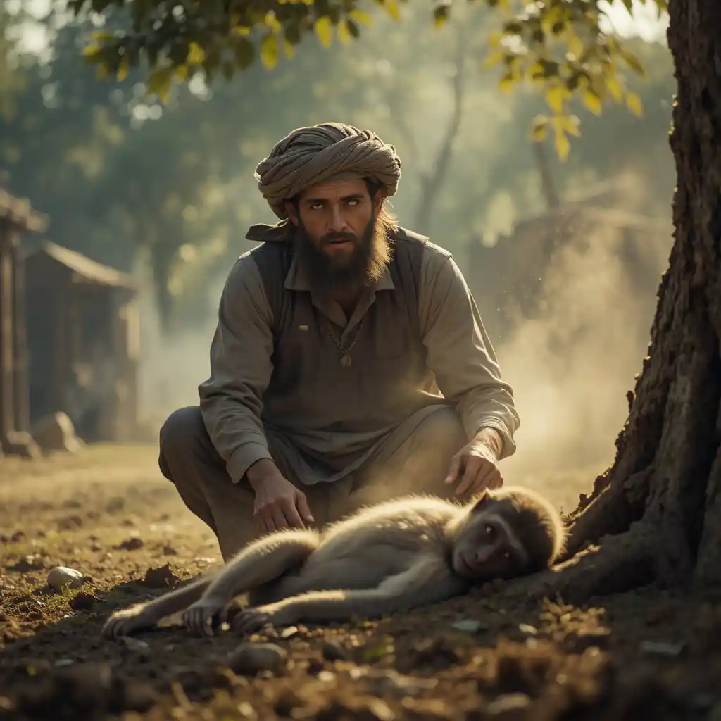 Paysan avec Turban Trouve un Singe Inconscient dans le Village