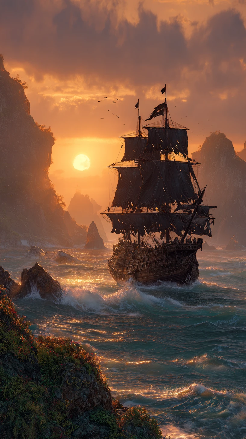 Piratenschiff, das bei Sonnenuntergang durch stürmische Wellen bricht