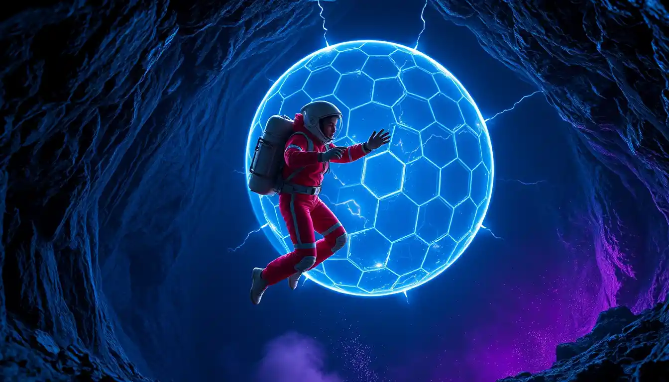 Female astronaut in glowing plasma shield inside dark cave