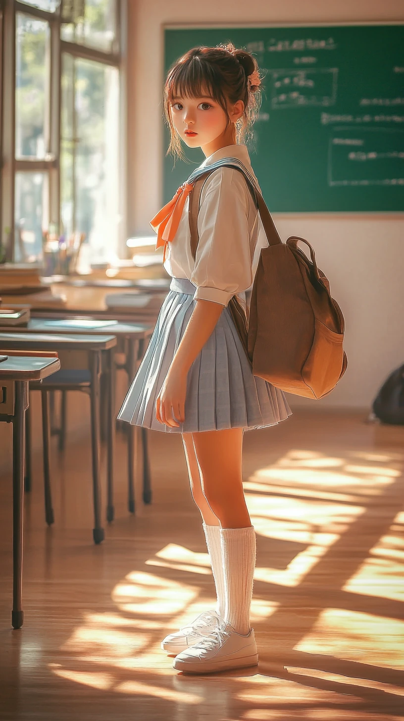 Anime schoolgirl in warm light in a quiet classroom