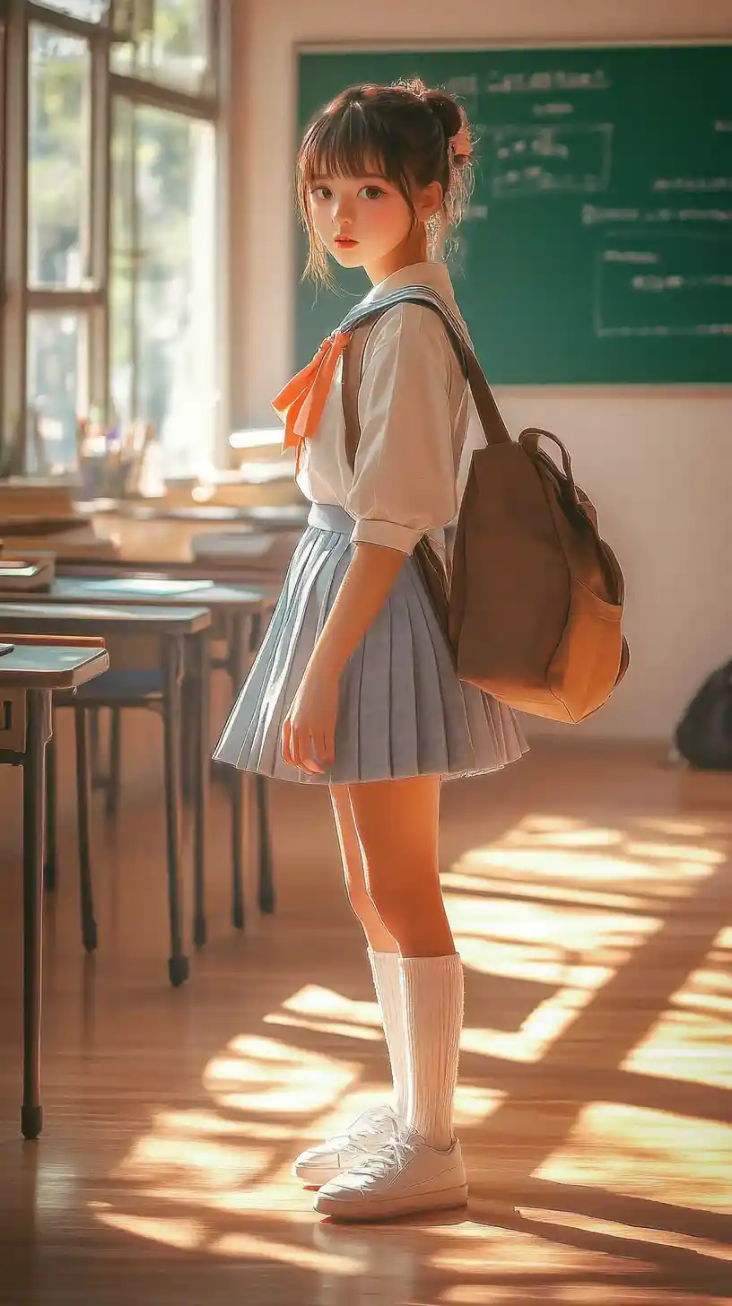 Anime schoolgirl in warm light in a quiet classroom