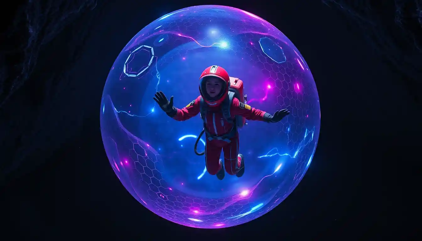 Woman in red spacesuit inside glowing energy sphere