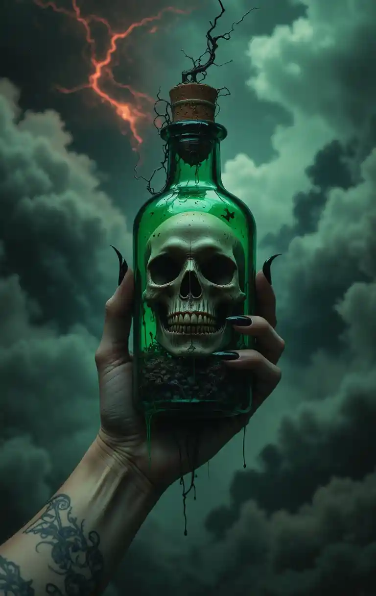 Clawed Hand Holding Skull Filled Green Potion Bottle
