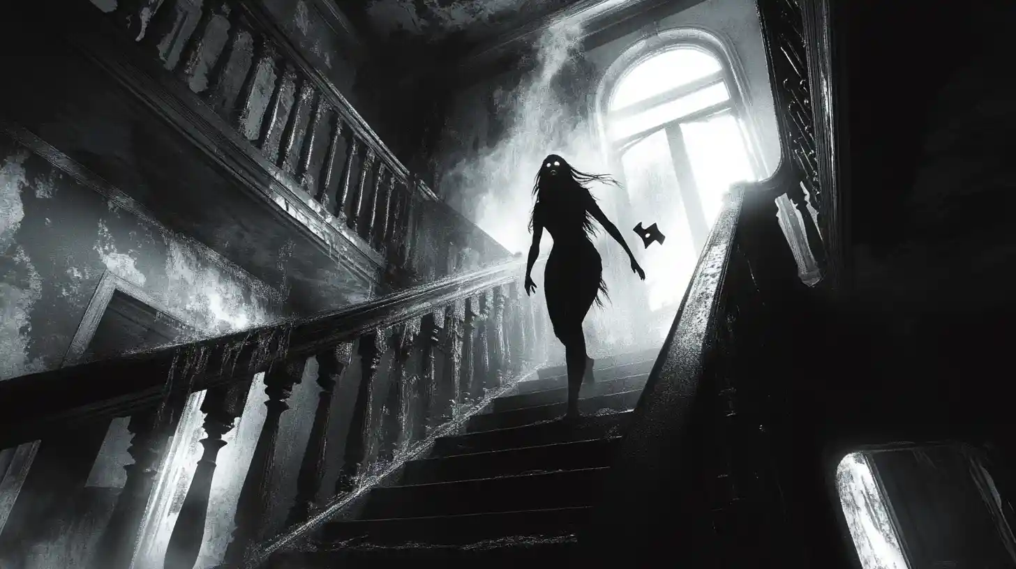 Lone explorer confronts ghost on mansion staircase