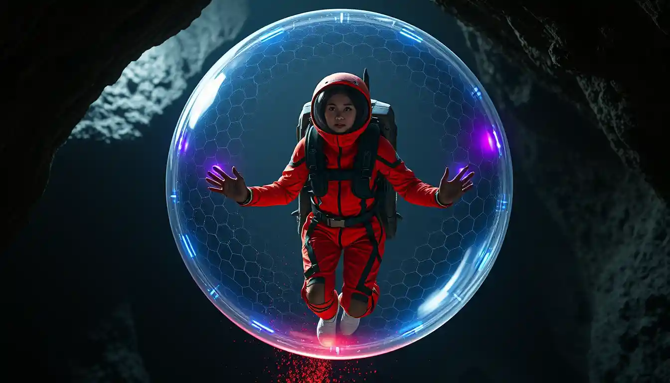 Woman in red spacesuit inside glowing plasma energy shield
