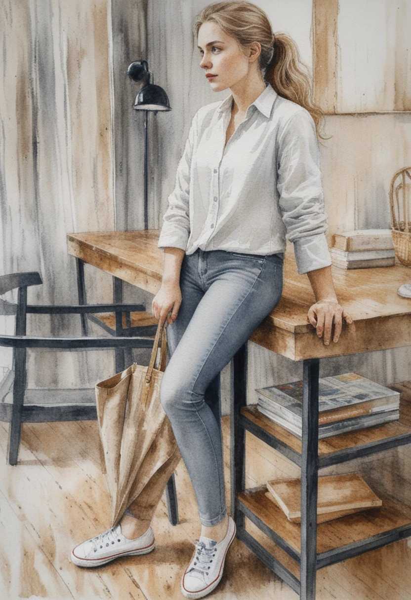 Aquarelle d’une femme appuyée sur une table haute dans un intérieur rustique